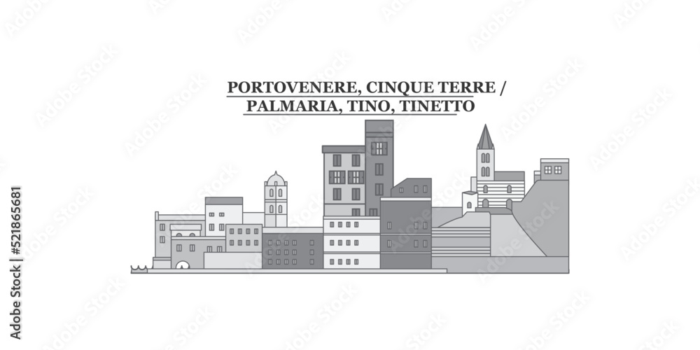 Italy, Cinque Terre city skyline isolated vector illustration, icons