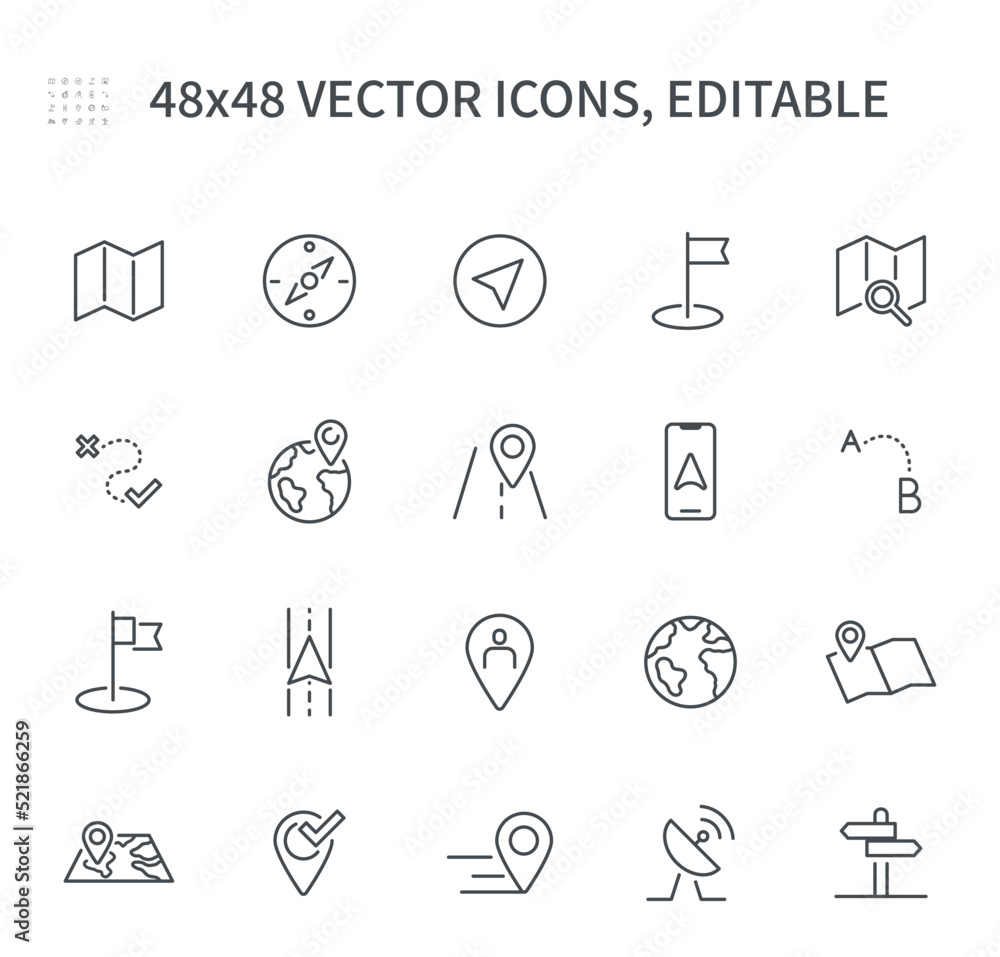 Simple vector line icons. On the topic of geolocation
contains icons such as location, map, map pin, route and more. Simple vector line icons. On the topic of geolocation
contains icons such as location, map, map pin, route and more.
