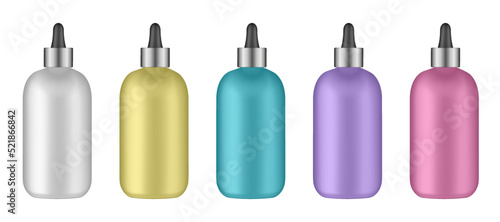 Set of serum bottles with pipette. Dropper. Yellow, green, blue, purple and pink bottles. Serum, essence or perfume