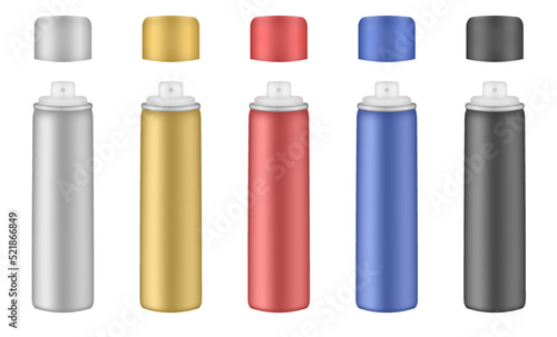Aluminium tube for hairspray, air freshener container, thermal water spray bottle. Silver, gold, red, blue and black bottles. Realistic cosmetic mockup of aerosol deodorant or dry shampoo
