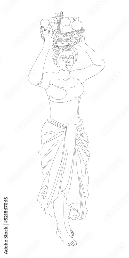 Silhouette of a beautiful girl. The lady is holding a basket of apples and oranges. Woman in modern one line style. Solid line, decor outline, posters, stickers, logo. Vector illustration.