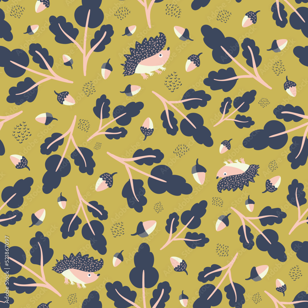 Fototapeta premium Cute vector spiky, prickly, hedgehog, acorn and oak leaves. Cartoon kawaii mammal and fall foliage seamless pattern on textured flecked backdrop. Nature forest creatures and fauna repeat for kids