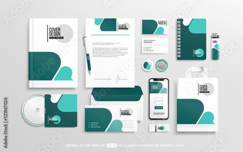 Brand Identity Mock-Up of stationery set with green and white abstract geometric design. Business office stationary mockup template of annual report, smartphone screen, brochure, shopping bag