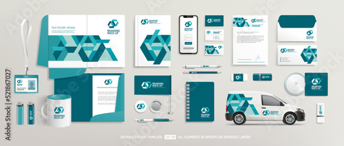 Brand Identity Mock-Up of stationery set with  abstract geometric design. Business office stationary mockup template of File folder, annual report, van car, brochure, corporate mug