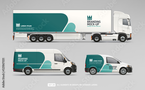 Truck Trailer, Cargo Van, Freight Car with abstract brand identity design - realistic mock-up set. Abstract geometric graphics design for company branding on delivery Transport. Editable Vector Mockup