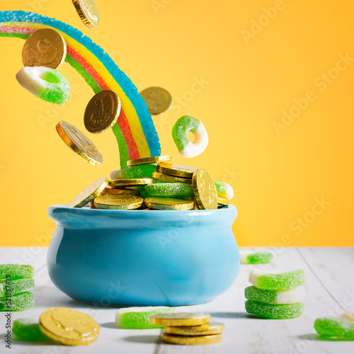 St Patrick's Day themed gummi rings and chocolate coins cascadin