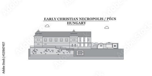 Hungary, Pecs, Early Christian Necropolis city skyline isolated vector illustration, icons