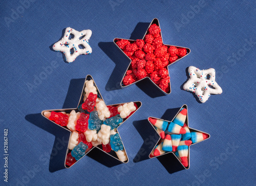 Patriotic red, white and blue, candy arranged in star shapes for Fourth of July
