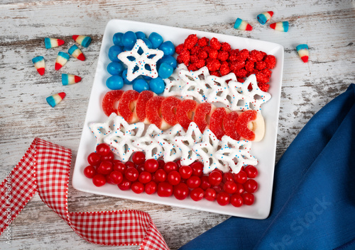 Patriotic red, white and blue, candy arranged on a charcuterie