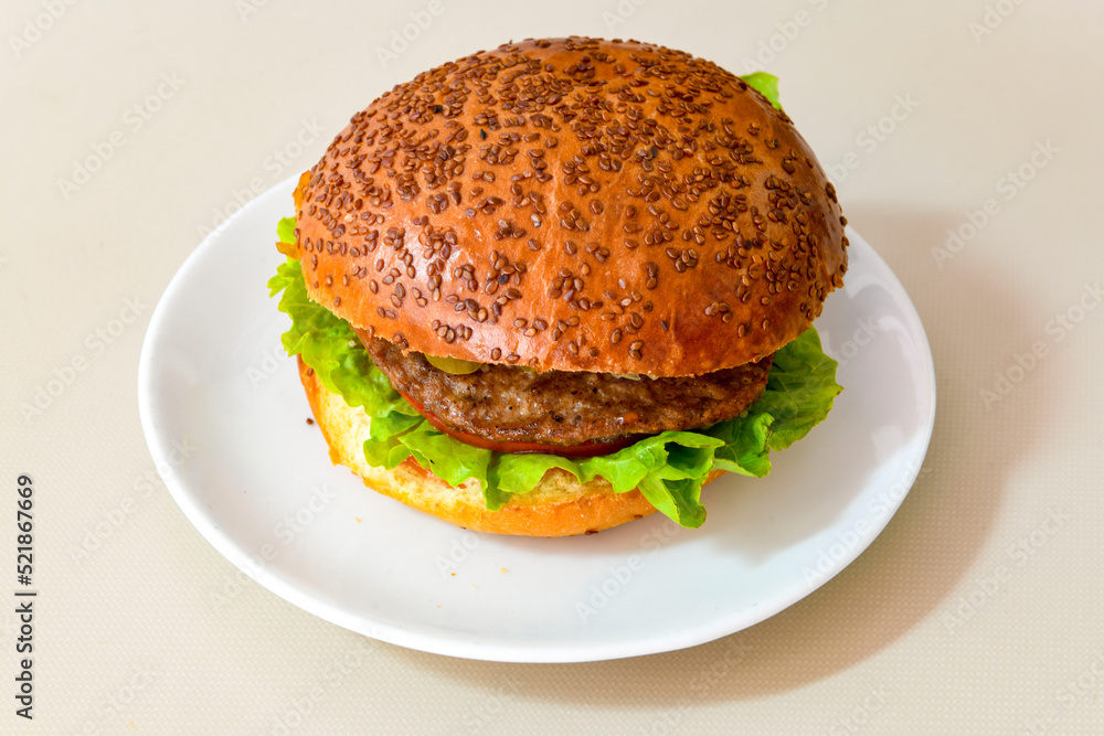 Big tasty burger with beef cutlet on a plate. Hamburger. Big tasty burger with beef cutlet on a plate. Hamburger.