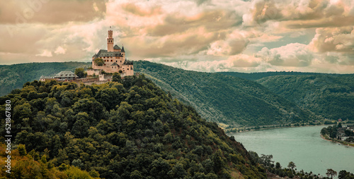 Bild auf Leinwand View of the Marksburg and the Rhine Valley nature landscape Travel Germany UNESC