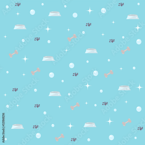 Patern on a blue background, which depicts a bone, a bowl, paw prints and soap bubbles. It can be applied to the fabric, for example, pajamas for children or bedding.