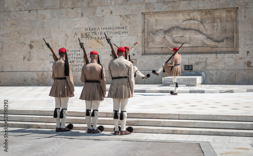 Changing of the guards, Athens, Greece. Evzones or Greek Presidential guard in traditional uniform. 