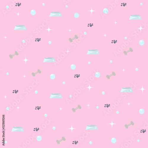 Pattern on a pink background, which depicts a bone, a bowl, paw prints and soap bubbles. It can be applied to the fabric, for example, pajamas for children or bedding. 
