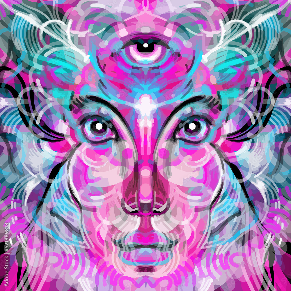 Esoteric drawing of a human face. Illustration of a head with large glowing eyes. Abstract illustration of meditation and psychology. Esoteric drawing of a human face. Illustration of a head with large glowing eyes. Abstract illustration of meditation and psychology.
