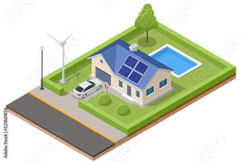 Isometric Modern House with Solar Panels and Wind Turbines. Green Eco House. Energy Effective House