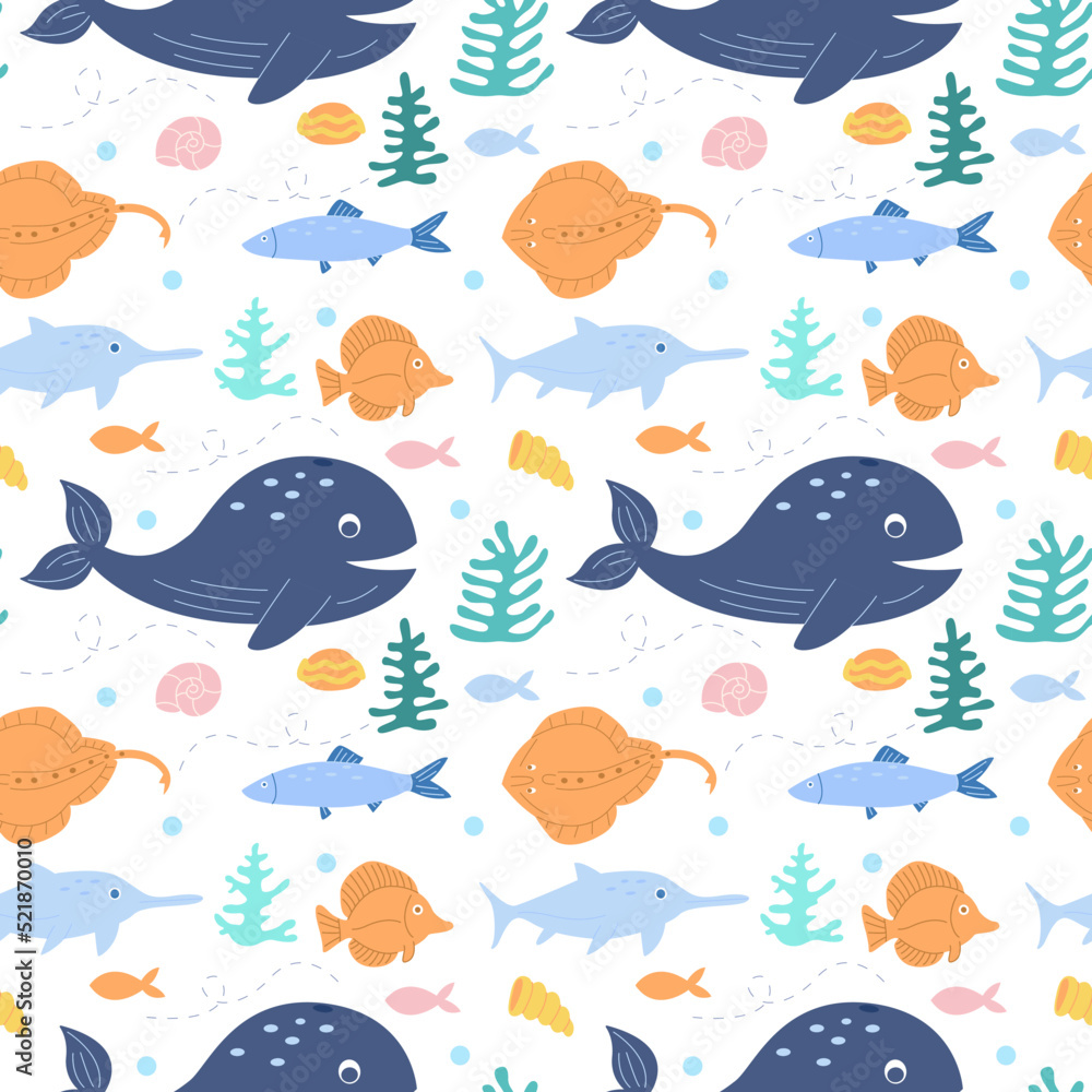 Cute fish, corals and shells. Ocean life and the underwater world. Seamless pattern. Can be used for web page background fill, surface texture