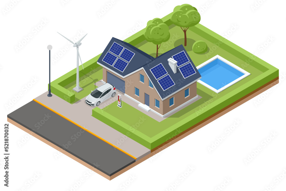 Isometric Modern House with Solar Panels and Wind Turbines. Green Eco House. Energy Effective House