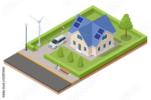 Isometric Modern House with Solar Panels and Wind Turbines. Green Eco House. Energy Effective House