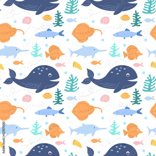 Cute fish  corals and shells. Ocean life and the underwater world. Seamless pattern. Can be used for web page background fill  surface texture