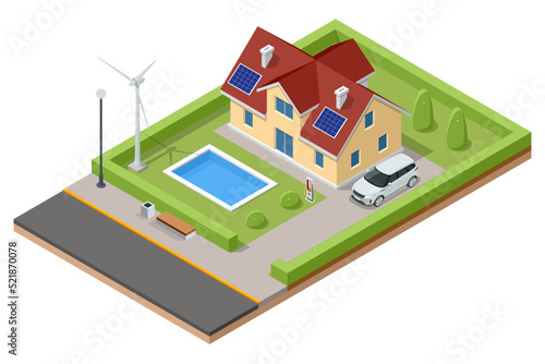 Isometric Modern House with Solar Panels and Wind Turbines. Green Eco House. Energy Effective House