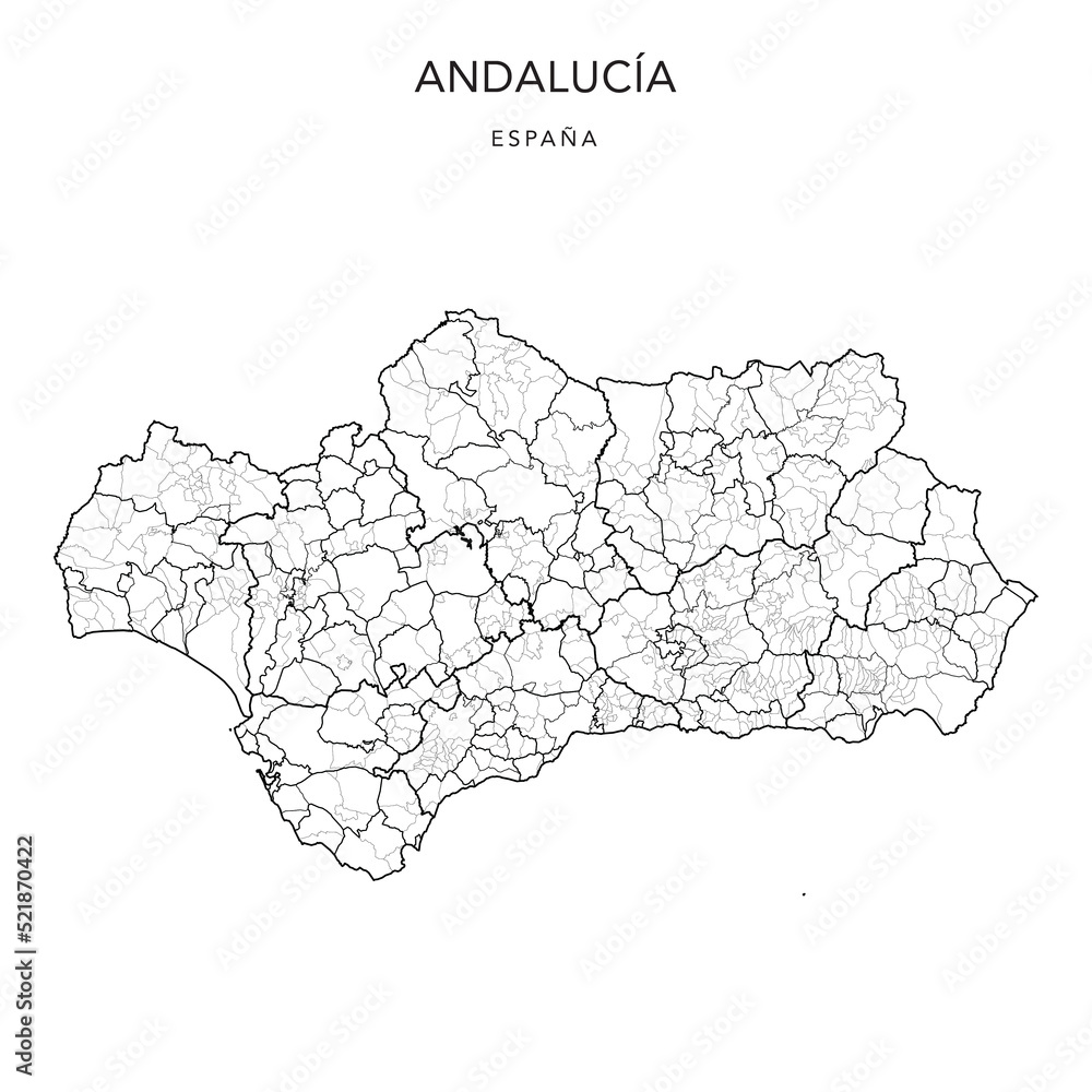 Geopolitical Vector Map of the Autonomous Community of Andalusia (Andalucía) with Provinces, Judicial Areas, Comarques and Municipalities (Municipios) as of 2022 - Spain - obrazy, fototapety, plakaty 