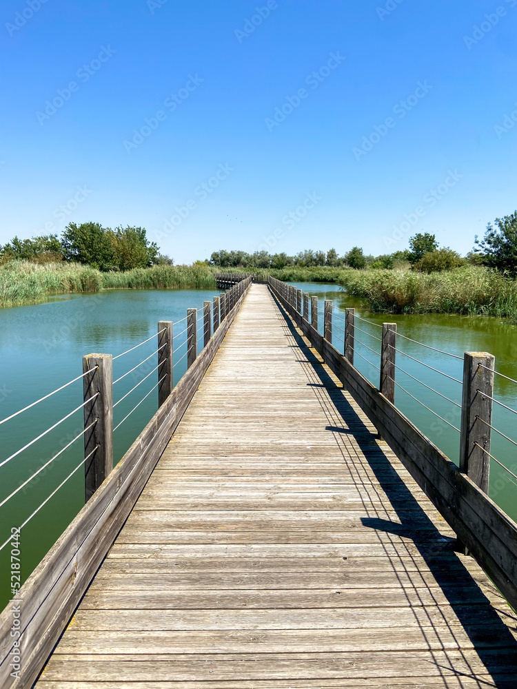 Ponton en bois, réserve naturelle de l’étang du Méjean, Occitanie