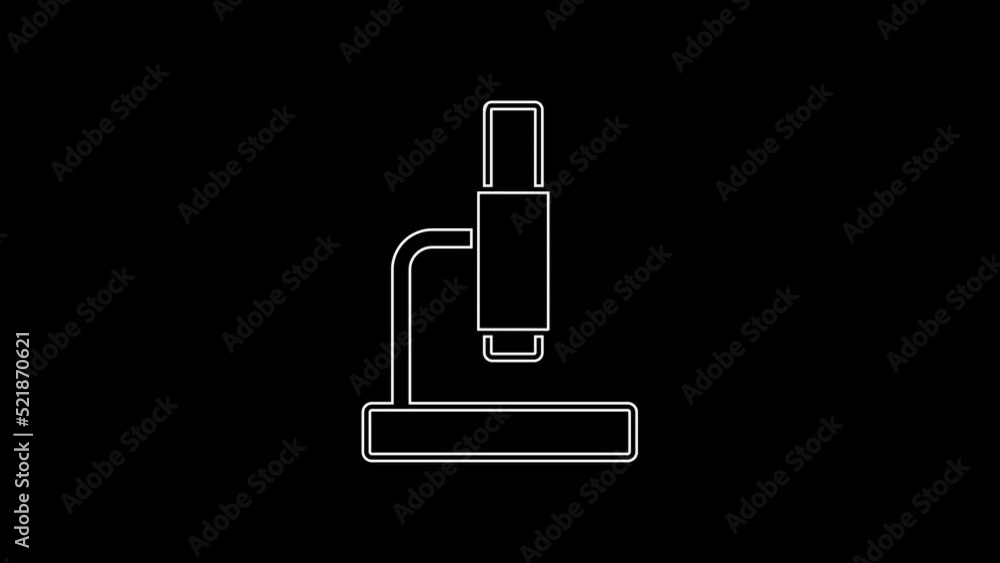 White line Microscope icon isolated on black background. Chemistry, pharmaceutical instrument, microbiology magnifying tool. 4K Video motion graphic animation White line Microscope icon isolated on black background. Chemistry, pharmaceutical instrument, microbiology magnifying tool. 4K Video motion graphic animation