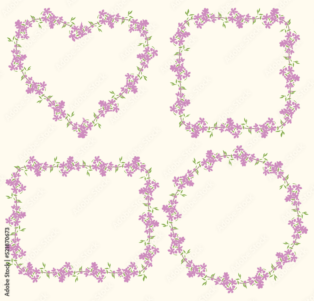 Set of decorative floral borders from silhouettes blooming branches fruit tree