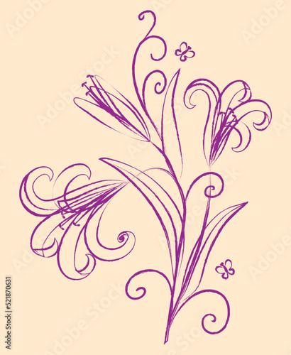 Contour drawing of fantasy lilies flowers  bunch with tendrils