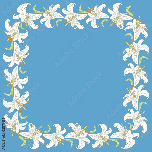 Decorative card with border from drawn white garden lilies