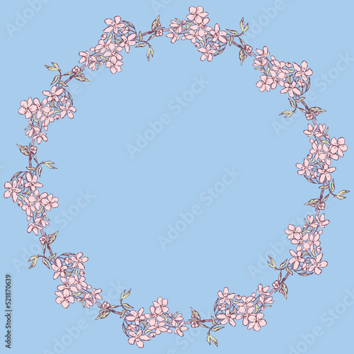 Decorative floral wreath of drawn blossoming branches fruit tree