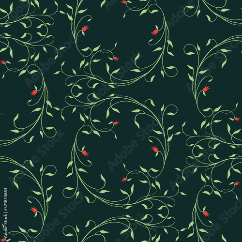 Seamless pattern of decorative delicate twigs with leaves and red flowers