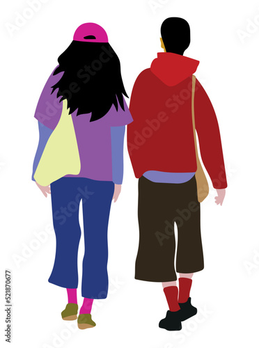 Vector drawing of couple modern young people walking outdoors