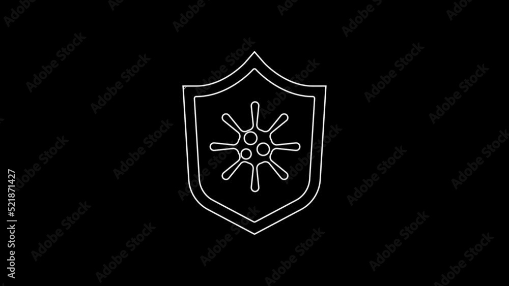 White line Shield protecting from virus, germs and bacteria icon isolated on black background. Immune system concept. Corona virus 2019-nCoV. 4K Video motion graphic animation White line Shield protecting from virus, germs and bacteria icon isolated on black background. Immune system concept. Corona virus 2019-nCoV. 4K Video motion graphic animation