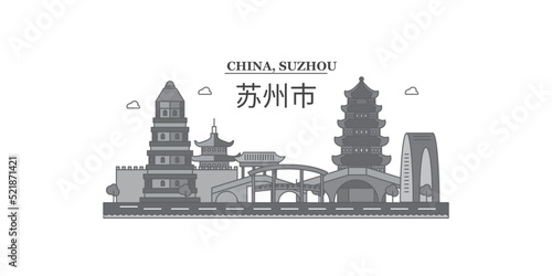 China, Suzhou city skyline isolated vector illustration, icons photo