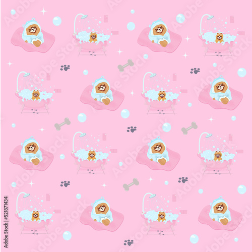 Patern grooming dogs on a pink background, which depicts dogs bathing in a bath and on a rug in a dressing gown. It can be applied to the fabric, for example, pajamas for children or bedding. 