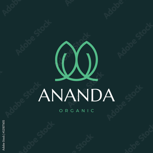 Modern logo with an Ananda word in the middle with an "Organic" world isolated on a blue background