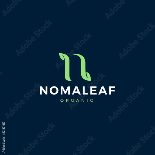 Modern logo with a Nomaleaf word in the middle with an "Organic" world isolated on a blue background