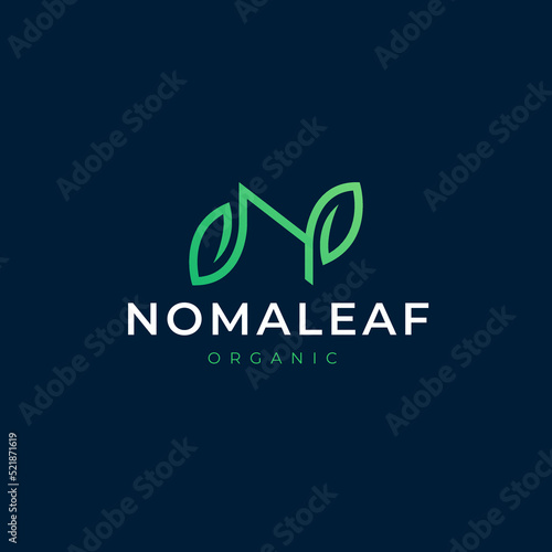 Modern logo with a Nomaleaf word in the middle with an "Organic" world isolated on a blue background