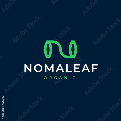 Modern logo with a Nomaleaf word in the middle with an "Organic" world isolated on a blue background