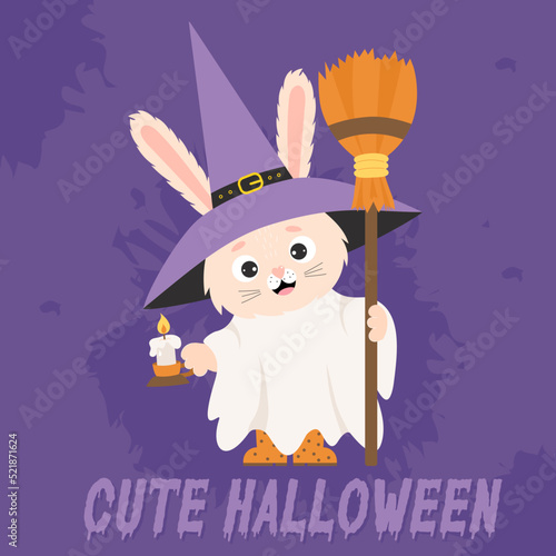 poster Cute Halloween. Funny character ghost bunny in sheet in a witchs hat with candle, broom. Vector illustration. Festive rabbit character for design, print, cards, covers, decor, kids collection.