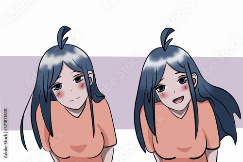 A girl with blue hair with different emotions drawn in anime style