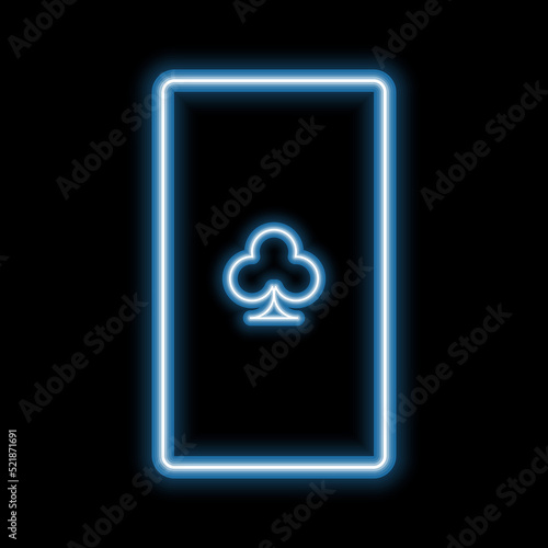 Vector illustration. playing card, clubs with neon effect, turquoise glow, on a dark background. Neon sign for advertising publishers, nightclubs