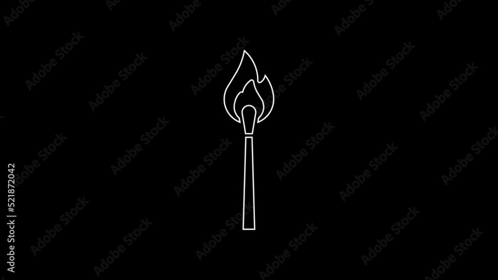 White line Burning match with fire icon isolated on black background. Match with fire. Matches sign. 4K Video motion graphic animation White line Burning match with fire icon isolated on black background. Match with fire. Matches sign. 4K Video motion graphic animation
