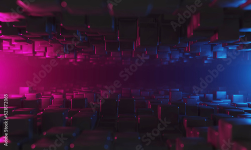 Abstract background 3D, many cubes with neon purple blue glow on black interesting science technology background, 3D render illustration. copy space.