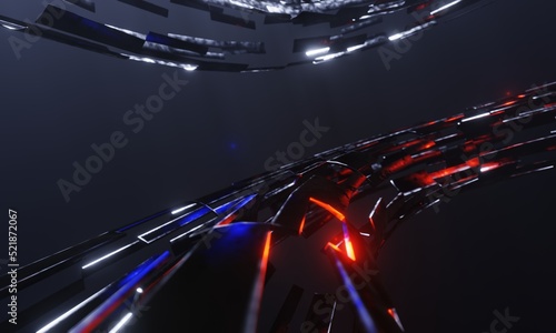 3D rendering background. Dark future background and circle tube wireframe with blue red light reflection.