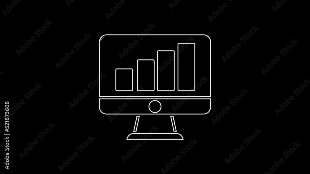 White line Computer monitor with graph chart icon isolated on black background. Report text file. Accounting sign. Audit, analysis, planning. 4K Video motion graphic animation White line Computer monitor with graph chart icon isolated on black background. Report text file. Accounting sign. Audit, analysis, planning. 4K Video motion graphic animation