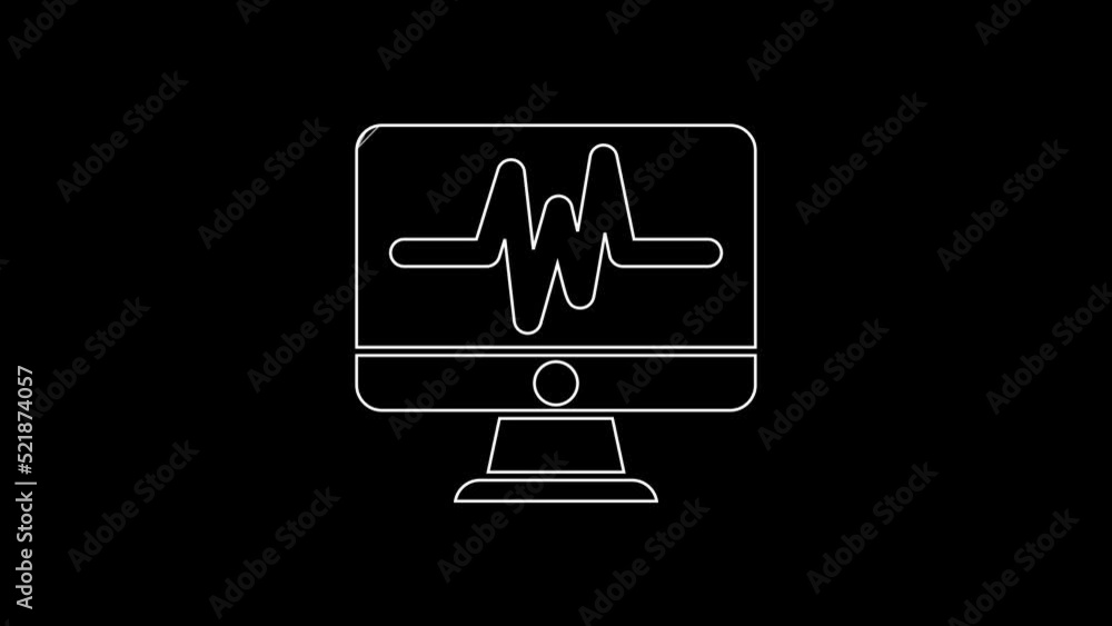White line Computer monitor with cardiogram icon isolated on black ...