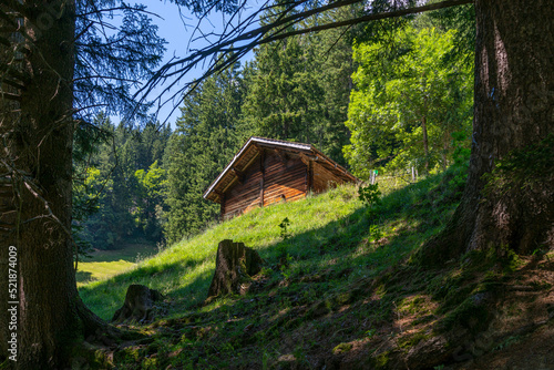 Holzstadel, Scheune, Haus aus Holz am steilen Abhang in Adelboden. auf einer Waldlichtung in den schweizer Alpen steht ein altes Holzhaus, Stall oder Heulager, Blockhaus aus alter Zimmermannskunst. photo